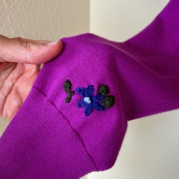 Lands’ End Purple Embroidered Floral Cardigan Sweater 100% Cotton Size Small - Picture 4 of 8